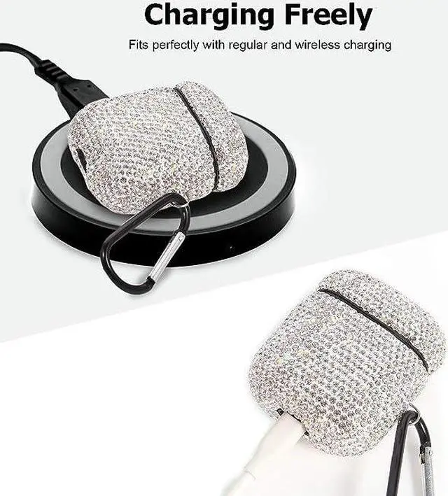 Alt view image 5 of 5 - Sparkly Diamond Case for AirPods with Keychain, Shockproof Protective Premium Bling Rhinestone Cover Skin Compatible with AirPods Charging Case 2 & 1(White+AB C5)