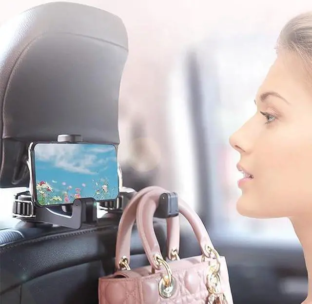 Alt view image 3 of 6 - Car Headrest Hidden Hook with Phone Holder, Car Seat Hooks for Purses and Bags, Universal 360° Rotation Headrest Hooks Purse Holder for Car, Car Purse Hook Holder (Silver)