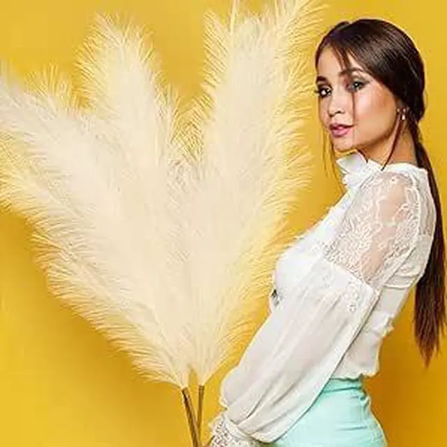 Alt view image 4 of 6 - Artificial Tall Pampas Grass Decoration, 3 Stems Bulk Ivory Faux Pampas Grass, 42 Inch Fluffy Pampas Grass for Floor Vase, Bohemian Pompoms for Home Wedding Party.