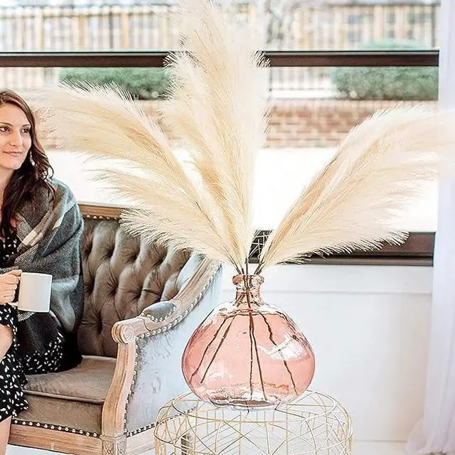 Alt view image 5 of 6 - Artificial Tall Pampas Grass Decoration, 3 Stems Bulk Ivory Faux Pampas Grass, 42 Inch Fluffy Pampas Grass for Floor Vase, Bohemian Pompoms for Home Wedding Party.