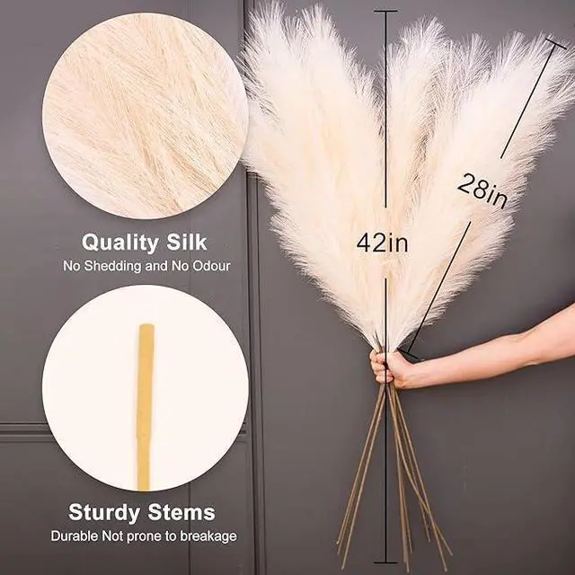 Alt view image 6 of 6 - Artificial Tall Pampas Grass Decoration, 3 Stems Bulk Ivory Faux Pampas Grass, 42 Inch Fluffy Pampas Grass for Floor Vase, Bohemian Pompoms for Home Wedding Party.