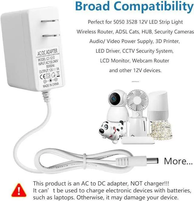 Alt view image 6 of 6 - 12V 1A Power Supply 12 Volt 1A 12W White AC Adapter 12volt 500mA 600mA Power Adapter 100V~240V AC to DC Converter with 5.5x2.5mm Tip for LED Light CCTV Camera WiFi Router Cyber Monitor