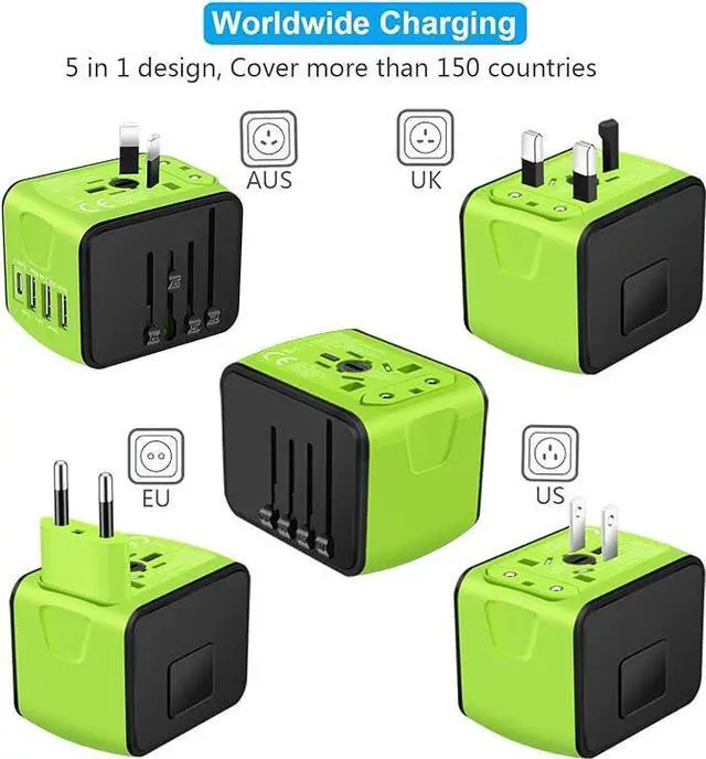 Alt view image 2 of 6 - Universal International Travel Power Adapter W/High Speed 2.4A USB-A, 3.0A Type-C Wall Charger, European Adapter, Worldwide AC Outlet Plugs Adapters for Europe, UK, US, AU, Asia-Green