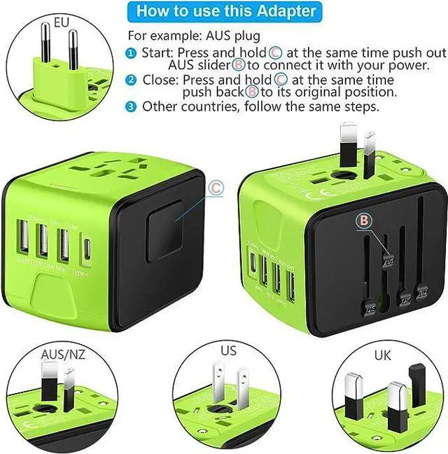 Alt view image 5 of 6 - Universal International Travel Power Adapter W/High Speed 2.4A USB-A, 3.0A Type-C Wall Charger, European Adapter, Worldwide AC Outlet Plugs Adapters for Europe, UK, US, AU, Asia-Green