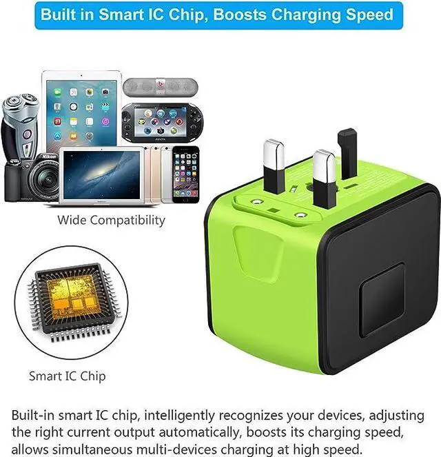 Alt view image 6 of 6 - Universal International Travel Power Adapter W/High Speed 2.4A USB-A, 3.0A Type-C Wall Charger, European Adapter, Worldwide AC Outlet Plugs Adapters for Europe, UK, US, AU, Asia-Green
