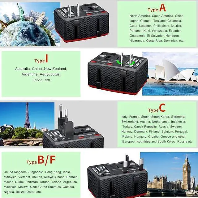 Alt view image 5 of 7 - Universal Travel Adapter Plug Adapter Worldwide with 3 USB + 1 USB-C 3.0A + International AC Socket All-in-One Travel Adapter Wall Charger Power Plug for USA EU UK AUS - Type A, C, G, I