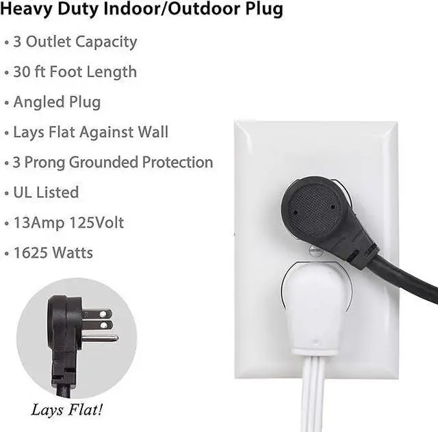 Alt view image 3 of 3 - 30 Feet Heavy Duty Extension Cord / Wire , Multi 3 Outlet , 3 Prong Grounded , Angled Flat Plug , 16/3 , SPT3 , UL Listed , Black