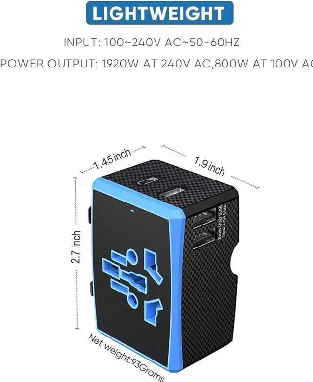 Alt view image 2 of 5 - 1920W, Universal Travel Adapter with Auto-Reset Fuse - 4-in-1 International Power Charger (3 USB + 1 Type C) for Europe, UK, US, AU, Asia - Lightweight, Compact & Portable (Blue)