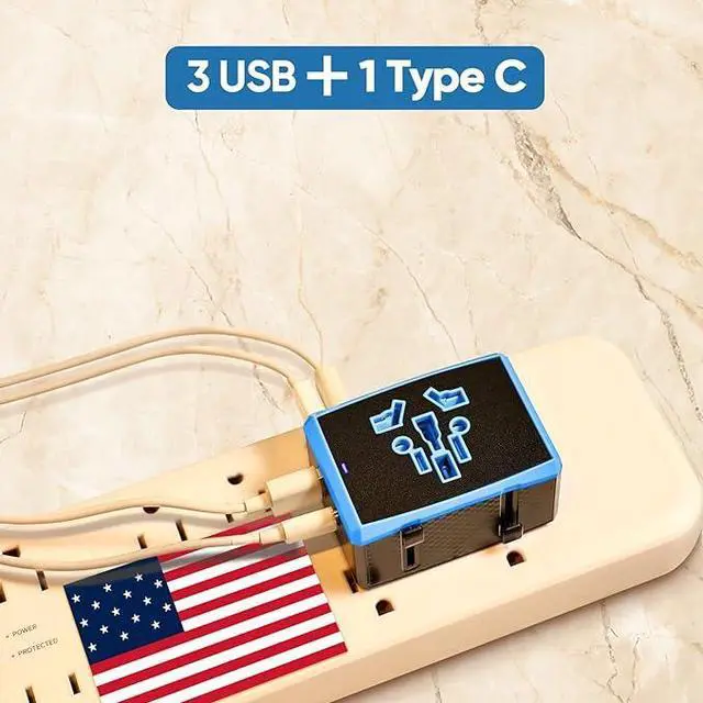 Alt view image 3 of 5 - 1920W, Universal Travel Adapter with Auto-Reset Fuse - 4-in-1 International Power Charger (3 USB + 1 Type C) for Europe, UK, US, AU, Asia - Lightweight, Compact & Portable (Blue)