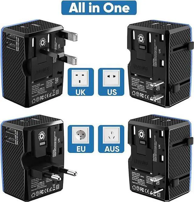 Alt view image 4 of 5 - 1920W, Universal Travel Adapter with Auto-Reset Fuse - 4-in-1 International Power Charger (3 USB + 1 Type C) for Europe, UK, US, AU, Asia - Lightweight, Compact & Portable (Blue)