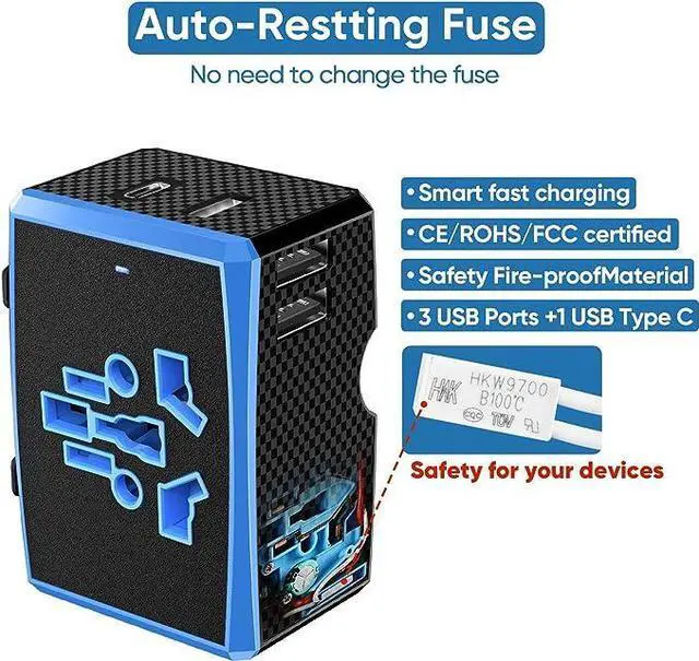 Alt view image 5 of 5 - 1920W, Universal Travel Adapter with Auto-Reset Fuse - 4-in-1 International Power Charger (3 USB + 1 Type C) for Europe, UK, US, AU, Asia - Lightweight, Compact & Portable (Blue)