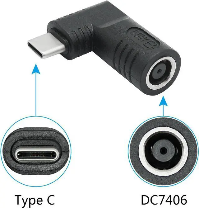 Alt view image 5 of 6 - Right Angle DC 7406 to USB C Connector Adapter, 90 Degree PD 65W DC 7.4mm x 0.6mm to USB Type C Male Plug Power Charge Adapter for Laptop, Phone - Black