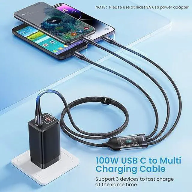 Alt view image 5 of 5 - Multi Charging Cable PD 100W USB C Fast Charger Cable with LED Display Nylon Braided Cord 3-in-1 C to Type C/Micro/Phone Connectors Compatible with Laptop/Tablet/Phone