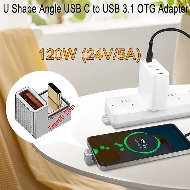 Alt view image 6 of 6 - 120W U Shape Angle USB C to USB 3.1 OTG Adapter 10Gbps Type C Male to USB3.1 Female 180 Degree Quick Charging Data Connector,Zn Alloy/LED Light, for Smartphone Tablet