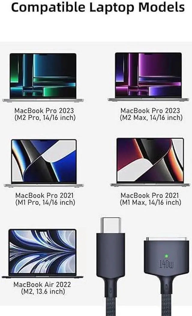 Alt view image 3 of 5 - 140W USB C to Magnetic 3 Charging Cable 6.6ft, Compatible with MacBook Pro 2023 (M2, 14/16 inch), MacBook Air 2022 (M2), MacBook Pro 2021 (M1, 14/16 inch) - Midnight