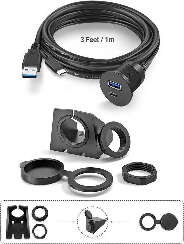Alt view image 4 of 7 - USB Type C 3.0 and USB 3.0 Male to Female Flush Mount Cable Waterproof Kit Accessories Car Dash Panel Mount Adapter Converter Extension Extender for Car Boat Motorcycle Motorbike 3 Feet
