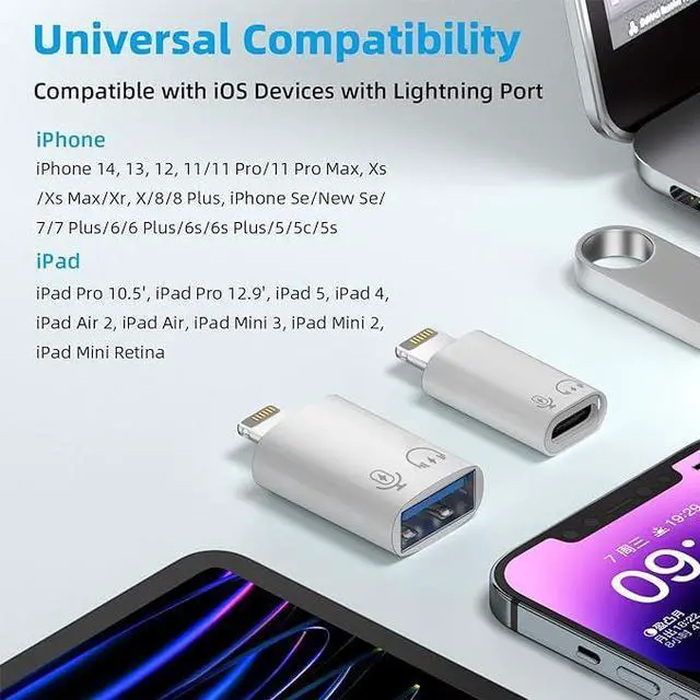 Alt view image 6 of 6 - AreMe 2 Pack USB C/USB 3.0 Female to Lightning Male OTG Adapter for iPhone/iPad, Support Connect Card Reader, U Disk, USB Flash Drive, Keyboard, Mouse, Lavalier Microphone, Digital Headphone