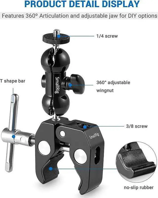 Alt view image 4 of 5 - Super Camera Clamp Mount, Double Ball Head Adapter, Fence Desk Table Mount for Ronin-M/Insta360/Gopro, Ball Head - 1138