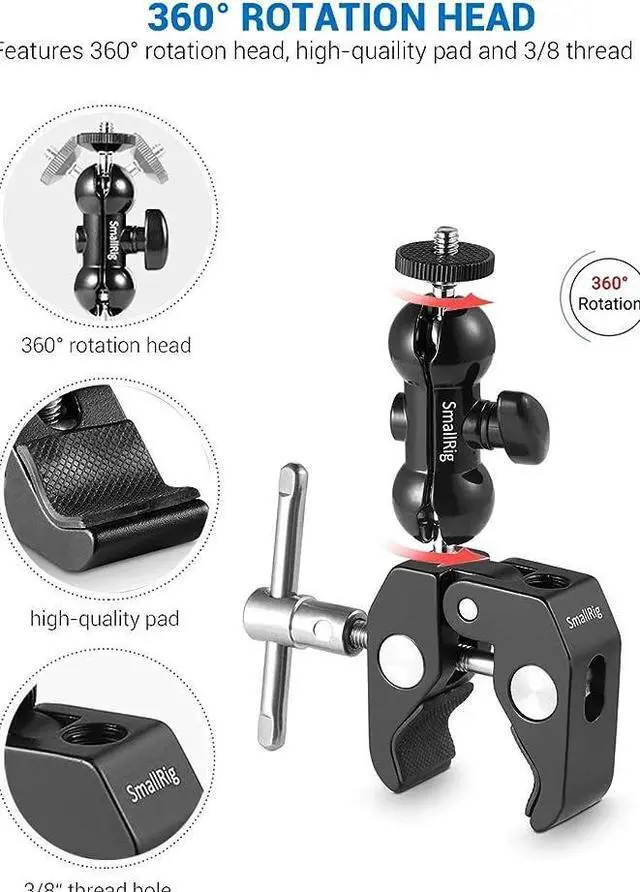 Alt view image 5 of 5 - Super Camera Clamp Mount, Double Ball Head Adapter, Fence Desk Table Mount for Ronin-M/Insta360/Gopro, Ball Head - 1138