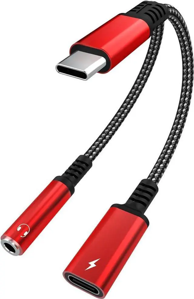 Main image of USB Type C to 3.5mm Headphone and Charger Adapter, 2 in 1 Type C to Aux Audio Jack Hi-Res DAC and PD Fast Charge Dongle Cable Compatible with Most Type C Model (Red)