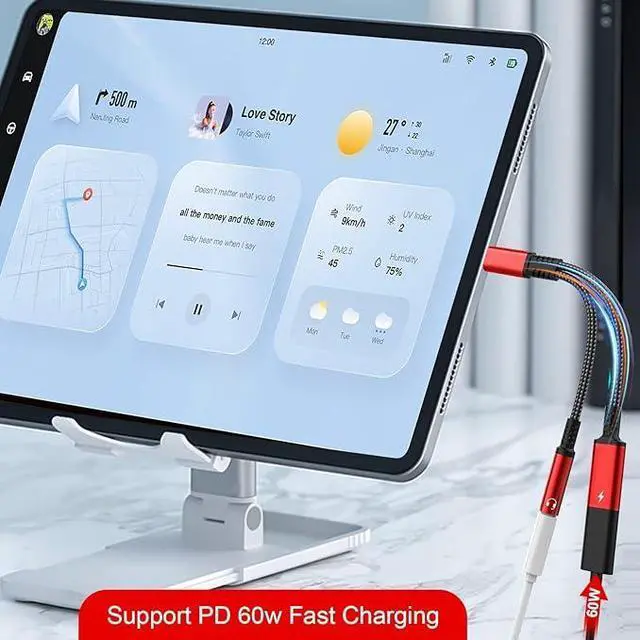 Alt view image 2 of 6 - USB Type C to 3.5mm Headphone and Charger Adapter, 2 in 1 Type C to Aux Audio Jack Hi-Res DAC and PD Fast Charge Dongle Cable Compatible with Most Type C Model (Red)