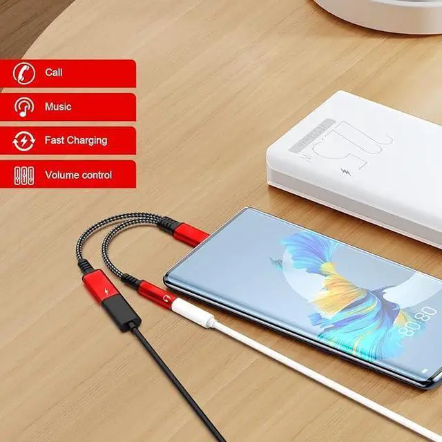 Alt view image 4 of 6 - USB Type C to 3.5mm Headphone and Charger Adapter, 2 in 1 Type C to Aux Audio Jack Hi-Res DAC and PD Fast Charge Dongle Cable Compatible with Most Type C Model (Red)