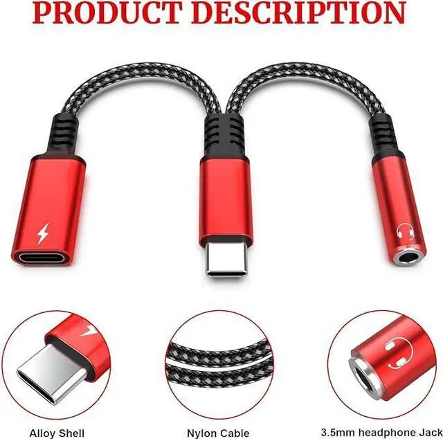 Alt view image 5 of 6 - USB Type C to 3.5mm Headphone and Charger Adapter, 2 in 1 Type C to Aux Audio Jack Hi-Res DAC and PD Fast Charge Dongle Cable Compatible with Most Type C Model (Red)