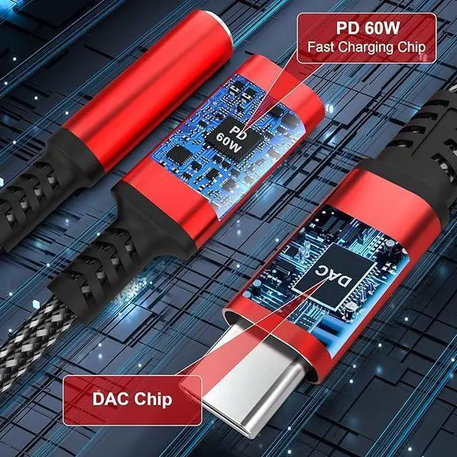 Alt view image 6 of 6 - USB Type C to 3.5mm Headphone and Charger Adapter, 2 in 1 Type C to Aux Audio Jack Hi-Res DAC and PD Fast Charge Dongle Cable Compatible with Most Type C Model (Red)