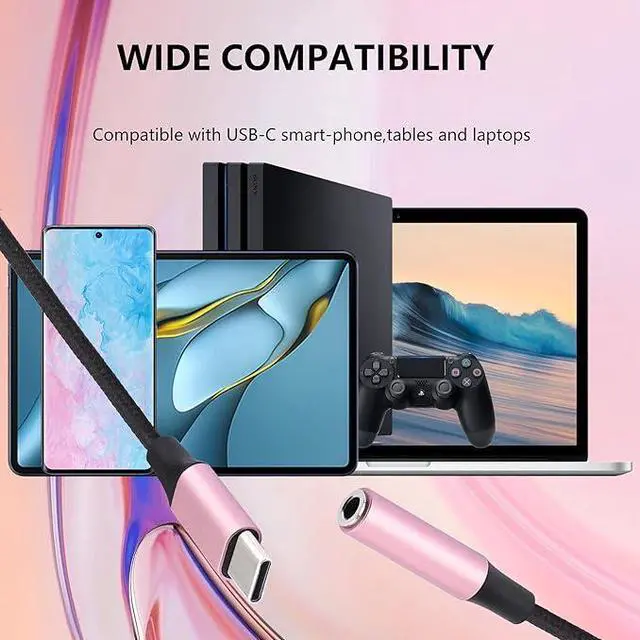 Alt view image 2 of 5 - USB C to 3.5mm Female Headphone Jack Adapter (2 Pack), Type C to Aux Audio Dongle Cable Cord Hi-Fi DAC Chip for Samsung Galaxy S22 S21+, S9 Note10 Plus, Pixel 5 4 3 XL(Black+Rose Gold)
