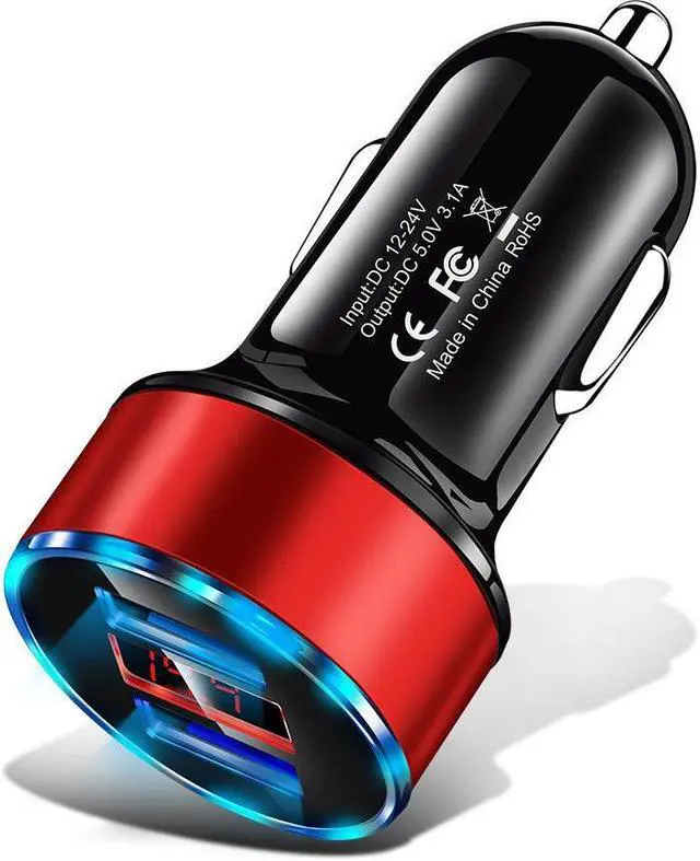 Main image of Digital display new aluminium ring 5V3.1A display car charger Aluminium alloy halo digital car charger car charger-Red