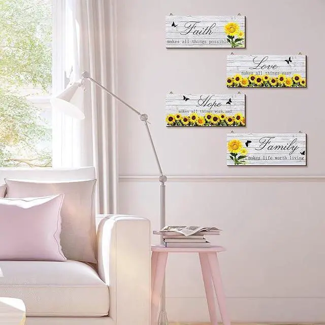 Alt view image 2 of 7 - 4 Pieces Sunflowers Front Porch Door Plaque Sunflower Welcome Wooden Sign Faith Love Hope Family Wood Sign Farmhouse Sunflower Front Porch Hanging Decoration for Home Living Room Decor, 10 x 4 Inch