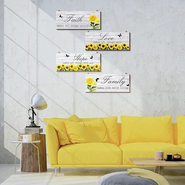 Alt view image 3 of 7 - 4 Pieces Sunflowers Front Porch Door Plaque Sunflower Welcome Wooden Sign Faith Love Hope Family Wood Sign Farmhouse Sunflower Front Porch Hanging Decoration for Home Living Room Decor, 10 x 4 Inch