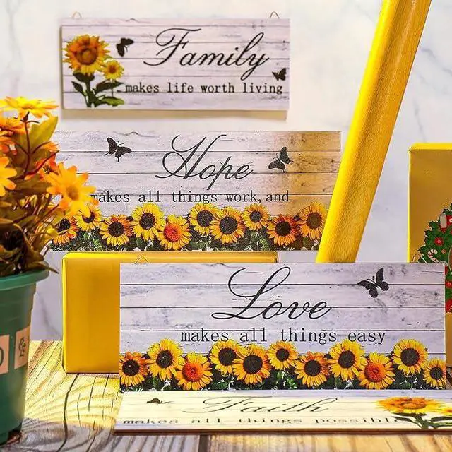 Alt view image 4 of 7 - 4 Pieces Sunflowers Front Porch Door Plaque Sunflower Welcome Wooden Sign Faith Love Hope Family Wood Sign Farmhouse Sunflower Front Porch Hanging Decoration for Home Living Room Decor, 10 x 4 Inch