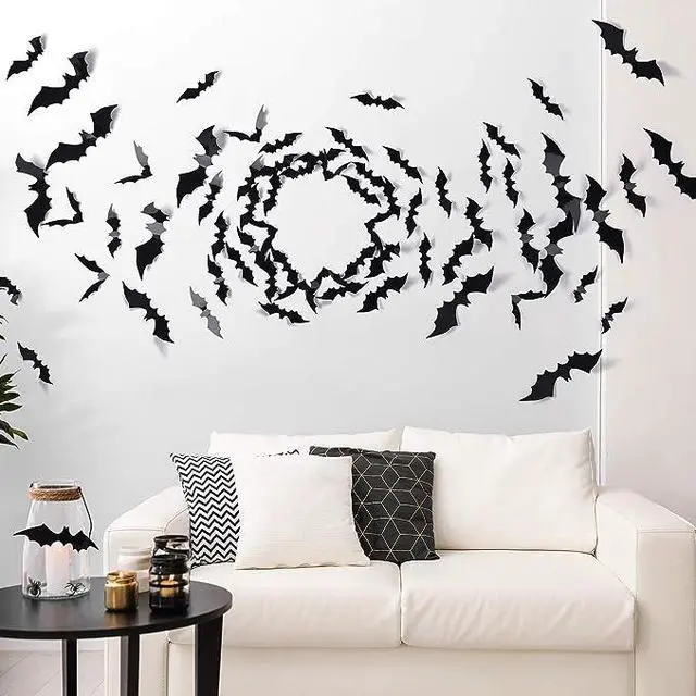 Alt view image 3 of 6 - 60PCS Halloween Bats Decoration, 4 Different Sizes Realistic PVC Black 3D Scary Bat Sticker for Home Decor DIY Wall Decal Bathroom Indoor Hallowmas Party Supplies