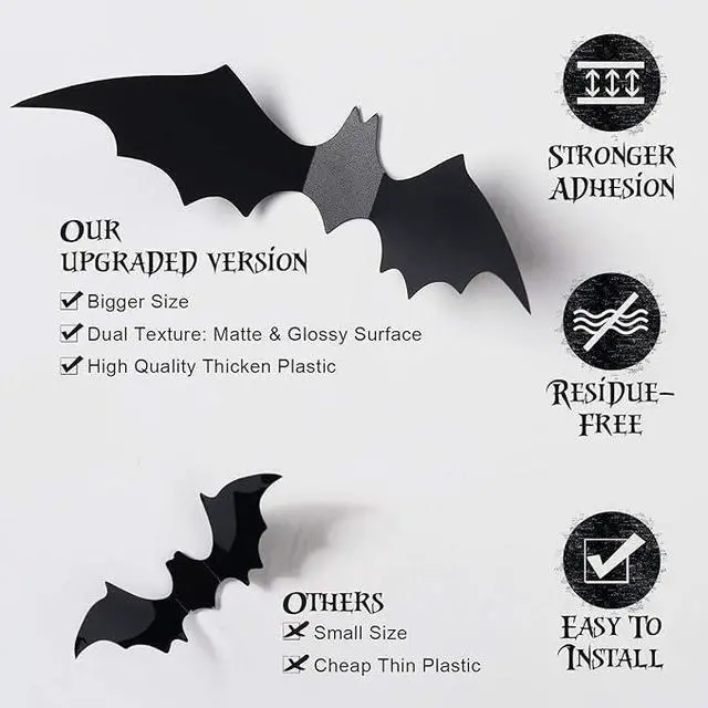 Alt view image 5 of 6 - 60PCS Halloween Bats Decoration, 4 Different Sizes Realistic PVC Black 3D Scary Bat Sticker for Home Decor DIY Wall Decal Bathroom Indoor Hallowmas Party Supplies