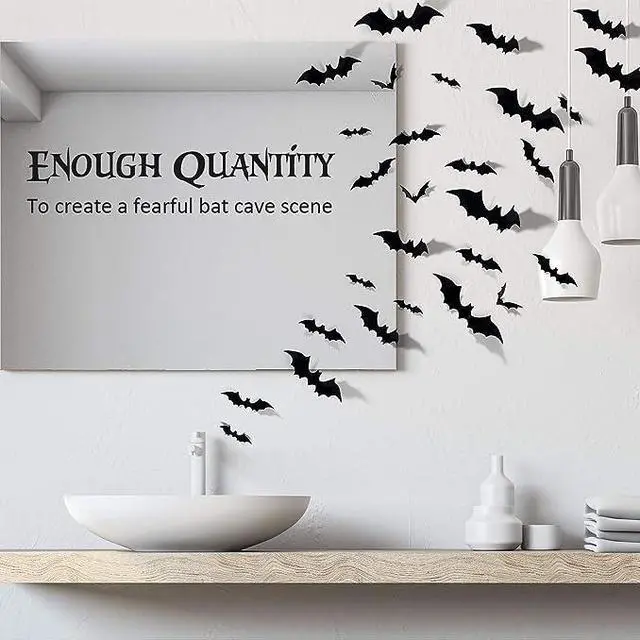 Alt view image 4 of 6 - 60PCS Halloween Bats Decoration, 4 Different Sizes Realistic PVC Black 3D Scary Bat Sticker for Home Decor DIY Wall Decal Bathroom Indoor Hallowmas Party Supplies