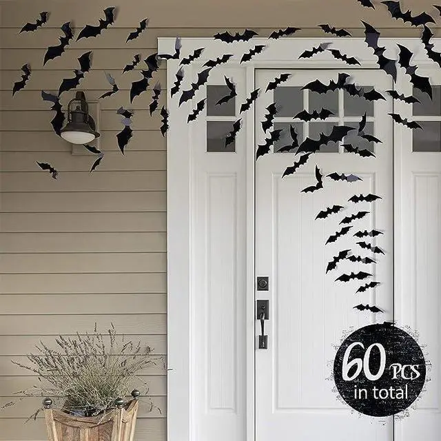 Alt view image 6 of 6 - 60PCS Halloween Bats Decoration, 4 Different Sizes Realistic PVC Black 3D Scary Bat Sticker for Home Decor DIY Wall Decal Bathroom Indoor Hallowmas Party Supplies