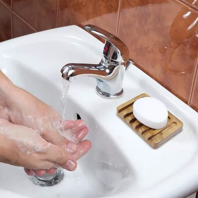 Alt view image 3 of 6 - Tilted Waterfall Soap Dish by\, Teak Wood Bar Soap Holder, Soap Saver for Shower, Bathroom, Sink, Kitchen and Countertop