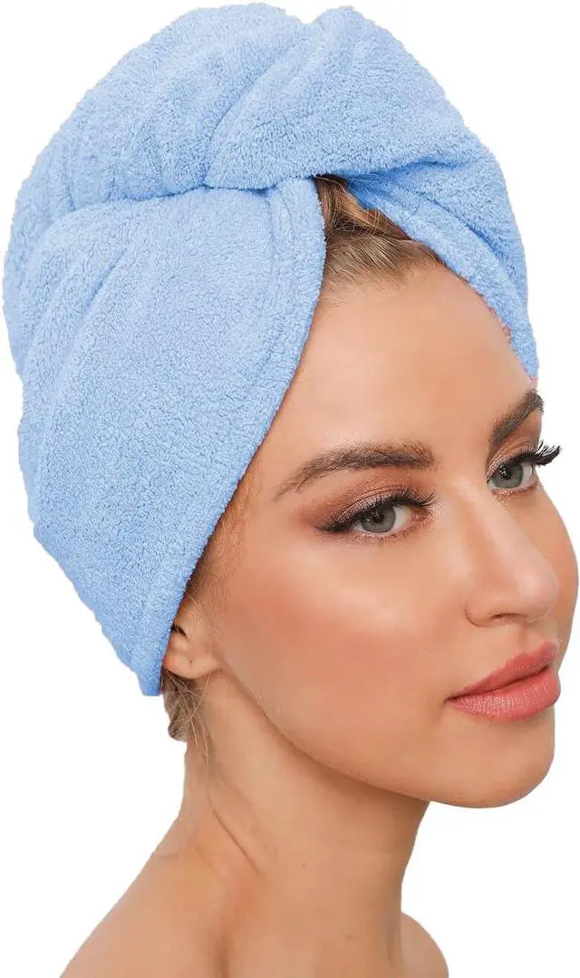 Alt view image 3 of 7 - Microfiber Hair Towel 2 Pack; Fast Hair Drying; Water Absorbent Cap for Women; Soft Bath Turban with Buttons (Pink + Blue)