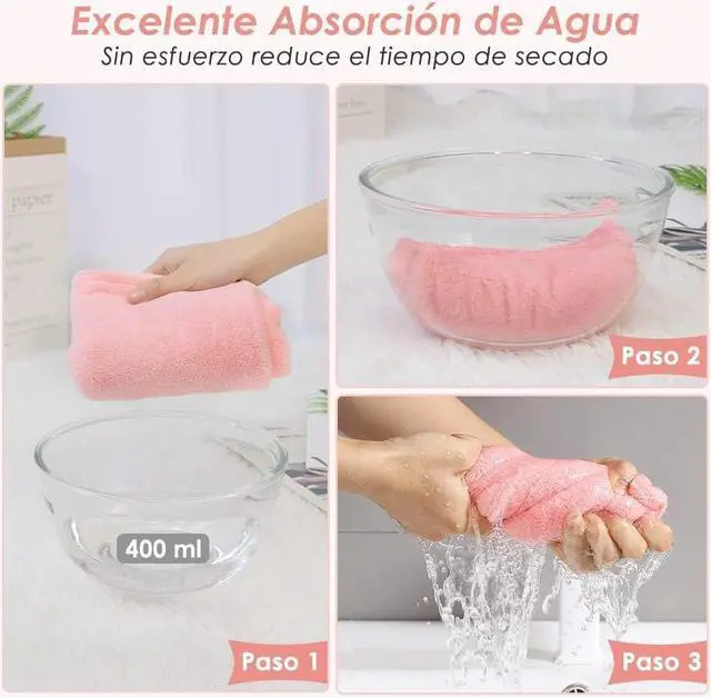 Alt view image 6 of 7 - Microfiber Hair Towel 2 Pack; Fast Hair Drying; Water Absorbent Cap for Women; Soft Bath Turban with Buttons (Pink + Blue)