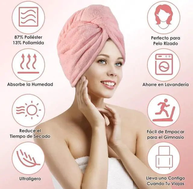 Alt view image 4 of 7 - Microfiber Hair Towel 2 Pack; Fast Hair Drying; Water Absorbent Cap for Women; Soft Bath Turban with Buttons (Pink + Blue)