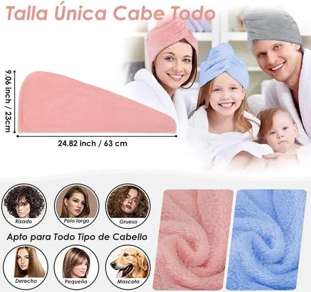 Alt view image 2 of 7 - Microfiber Hair Towel 2 Pack; Fast Hair Drying; Water Absorbent Cap for Women; Soft Bath Turban with Buttons (Pink + Blue)
