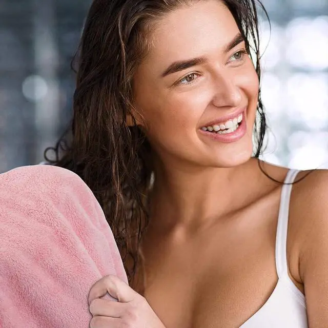 Alt view image 5 of 7 - Microfiber Hair Towel 2 Pack; Fast Hair Drying; Water Absorbent Cap for Women; Soft Bath Turban with Buttons (Pink + Blue)