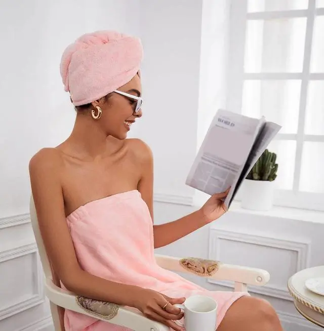 Alt view image 7 of 7 - Microfiber Hair Towel 2 Pack; Fast Hair Drying; Water Absorbent Cap for Women; Soft Bath Turban with Buttons (Pink + Blue)