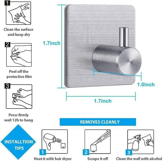 Alt view image 2 of 6 - 18/8 Bathroom Hooks Sets of 4Pack - 304 Stainless Steel Robe Clothes Towel Bag Wall Mounted Clothes Hanger Holder for Kitchen or Bathroom