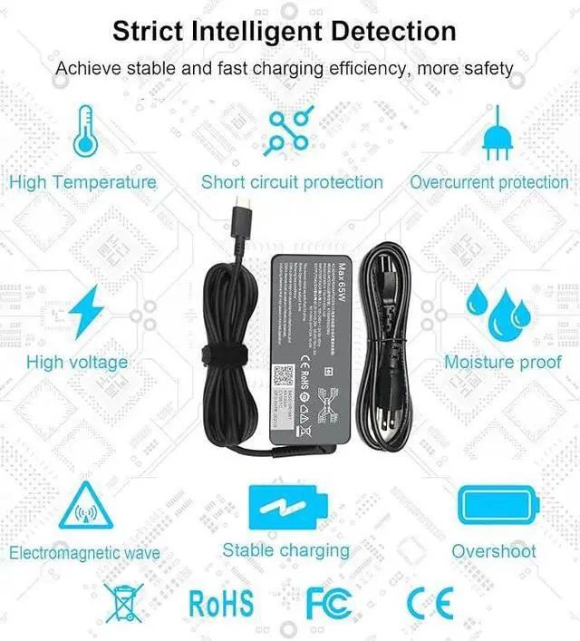 Alt view image 5 of 7 - 65W USB C Charger for Lenovo Thinkpad/Yoga/Chromebook Laptop Computer 65W 45W USB C Fast Power Adapter