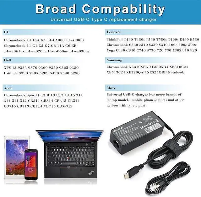 Alt view image 7 of 7 - 65W USB C Charger for Lenovo Thinkpad/Yoga/Chromebook Laptop Computer 65W 45W USB C Fast Power Adapter