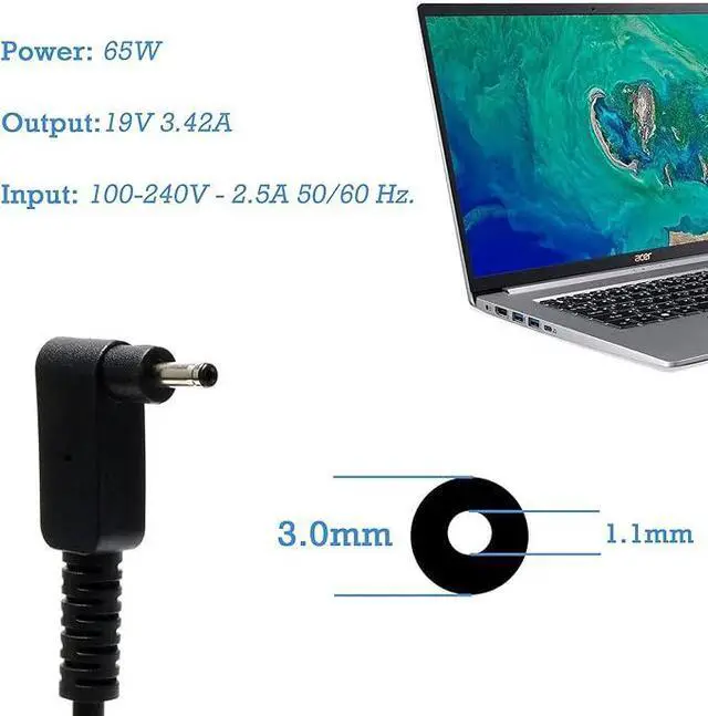 Alt view image 2 of 7 - 19V 3.42A 65W Laptop Charger for Acer Chromebook R11 13 14 15 CB3 CB5 C720 C720P C731 Spin Swift Aspire 1 3 5 N15Q8 N16Q1 Switch A13-045N2A A11-065N1A Power AC Adapter Supply Cord