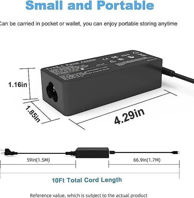 Alt view image 2 of 7 - Universal 65W 45W USB C Laptop Charger-Replacement for Lenovo Thinkpad/Yoga/Chromebook,HP Acer Asus Samsung Mac book pro Dell Chromebook Latitude xps 13 Series,Fast Type C AC Adapter Power Cord Supply