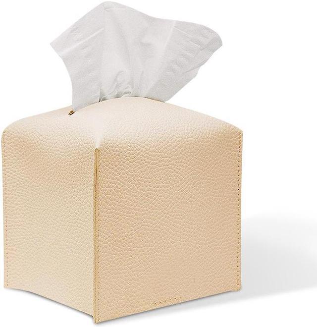 Main image of Brown Tissue Box Cover with Bottom Belt - Decorative Faux Leather Organizer for Bathroom, Car, Office